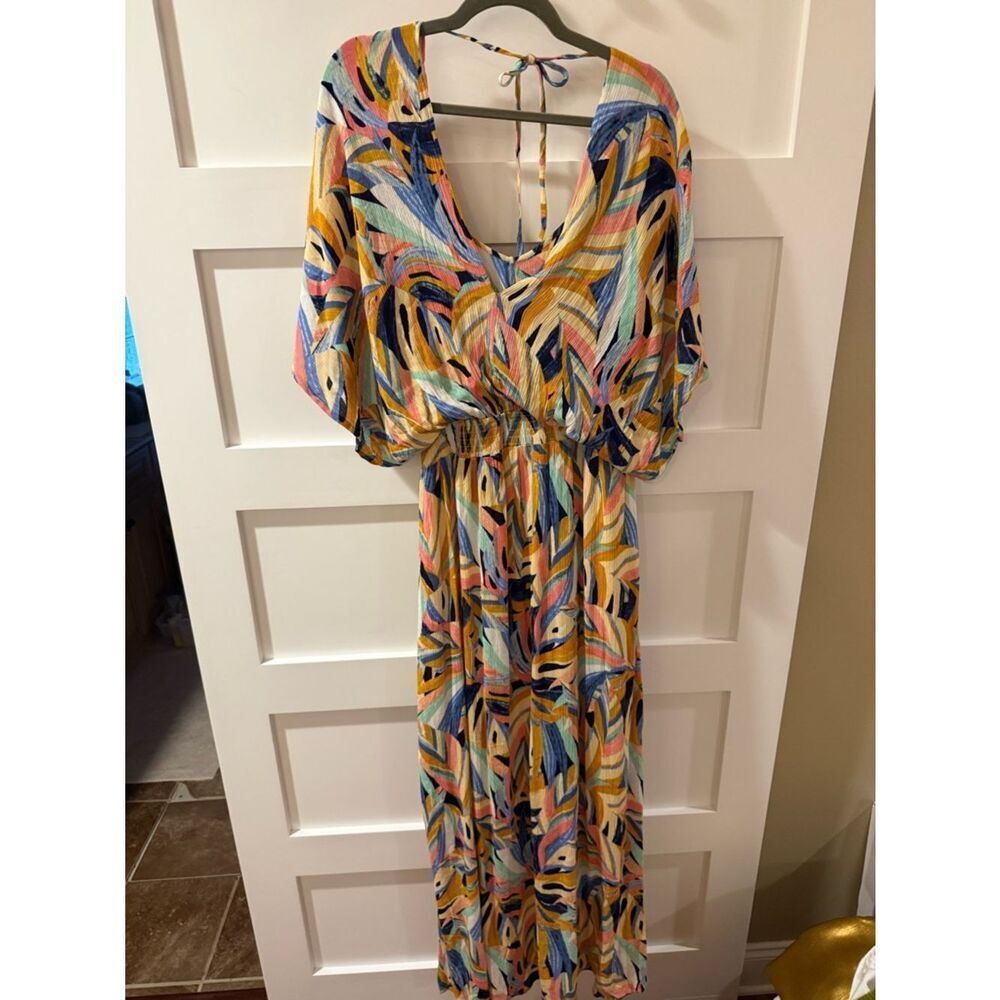 Nina Leonard Multicolor Leaf-Print Maxi Dress in Yellow, Blue, Pink